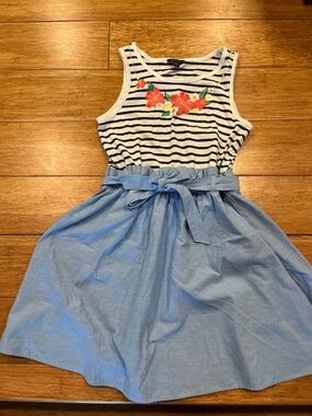 Striped Floral Tank with Light Blue Tie-Waist Skirt